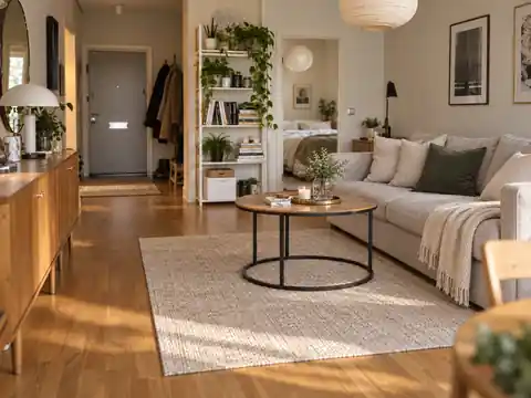 Samma vardagsrum efter professionell städning, rent och organiserat